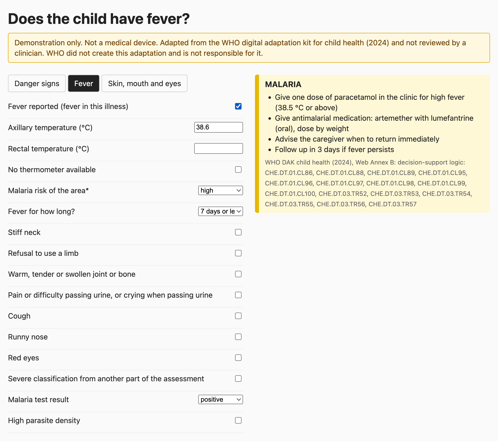 The same form with malaria risk high, fever for 7 days or less and a positive malaria test. On the right, a yellow card titled MALARIA lists four treatments, followed by the source: WHO digital adaptation kit (DAK) for child health (2024), Web Annex B, with rule IDs such as CHE.DT.01.CL86.
