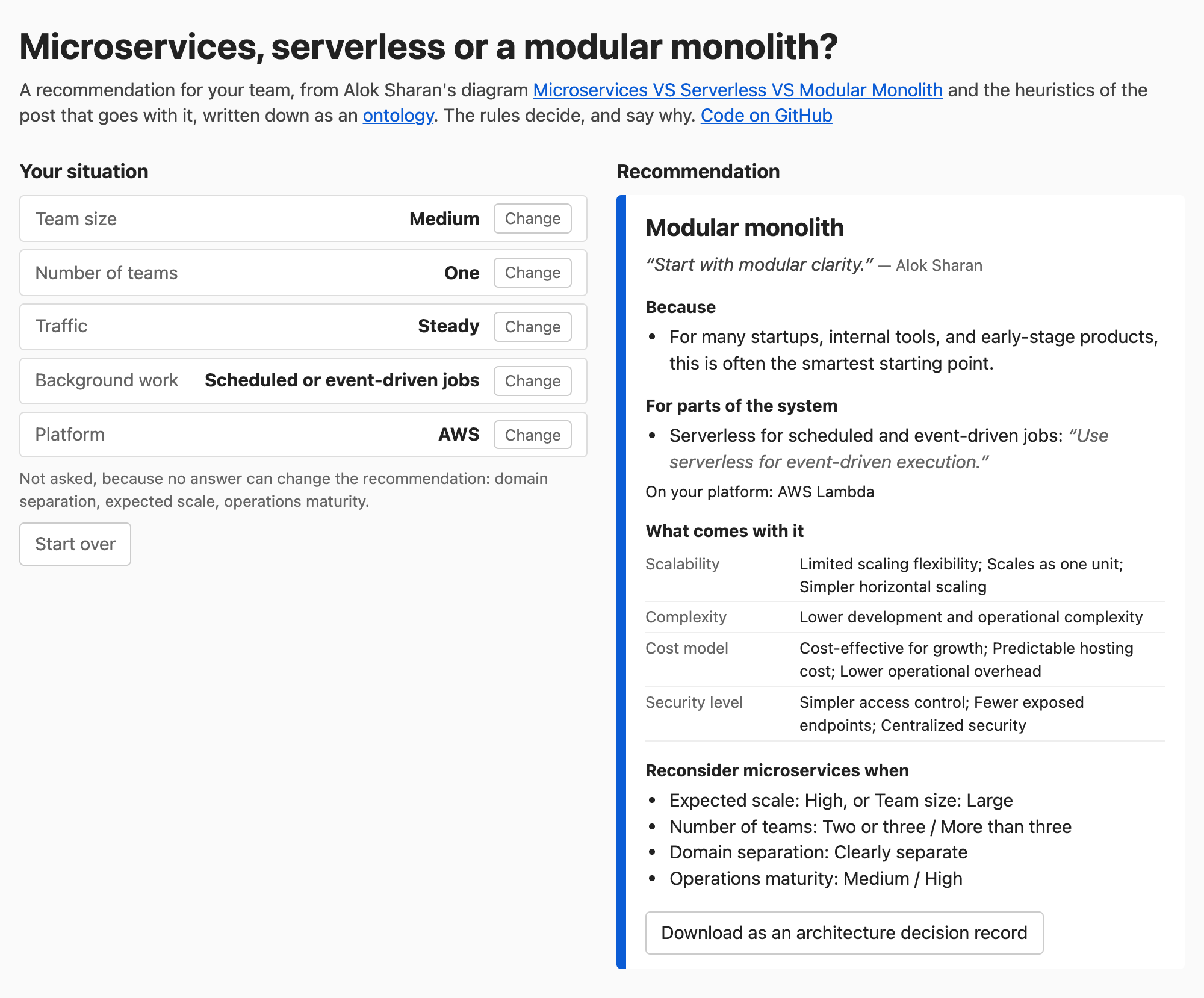 The application after five answers. On the left, Your situation: team size Medium, number of teams One, traffic Steady, background work Scheduled or event-driven jobs, platform AWS, each with a Change button. Below: Not asked, because no answer can change the recommendation: domain separation, expected scale, operations maturity. On the right, the recommendation Modular monolith, with the quote “Start with modular clarity.”, serverless for scheduled and event-driven jobs on AWS Lambda, what comes with it, and when to reconsider microservices.