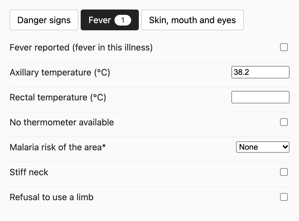The Fever tab after entering an axillary temperature of 38.2 °C. Below the temperature fields, new questions have appeared: “Malaria risk of the area” (required, marked with an asterisk), “Stiff neck” and “Refusal to use a limb”. A third tab, “Skin, mouth and eyes”, has appeared next to “Danger signs” and “Fever”.