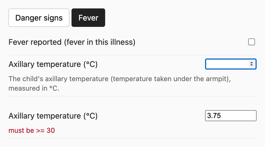 The axillary temperature field in the running form, twice. Above, while the field has the focus: the label “Axillary temperature (°C)”, a number input, and the help text from the WHO source below it. Below, after the value 3.75 was entered: the error “must be >= 30”.