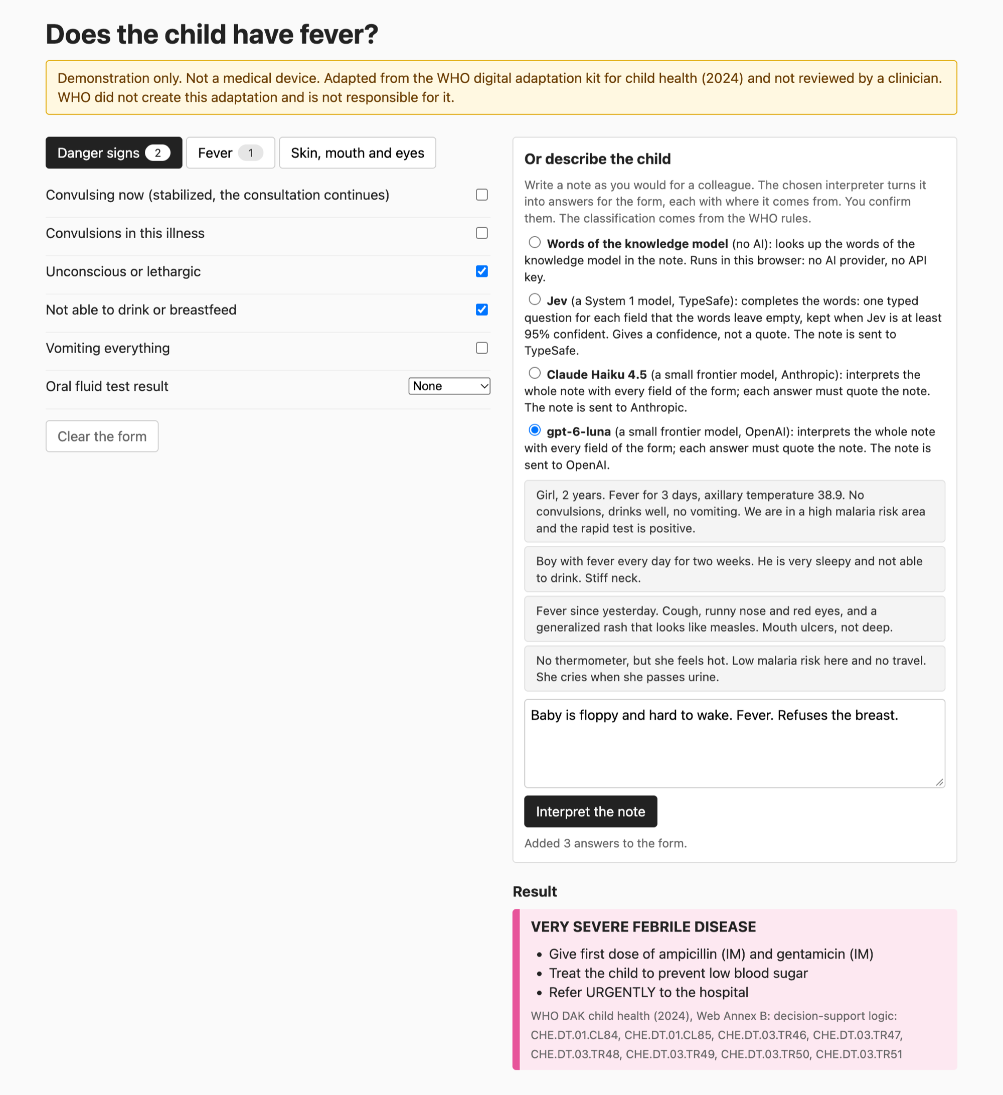 The form after the answers were added: the Danger signs tab, with a count of 2, has Unconscious or lethargic and Not able to drink checked. On the right, a pink card titled VERY SEVERE FEBRILE DISEASE lists first doses of ampicillin and gentamicin, prevention of low blood sugar, and Refer URGENTLY to the hospital, with the DAK rule IDs.